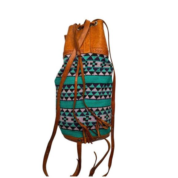 Urban Outfitters Brown Canvas Leather Colorful Drawstring Backpack Straps Bag - Picture 1 of 12